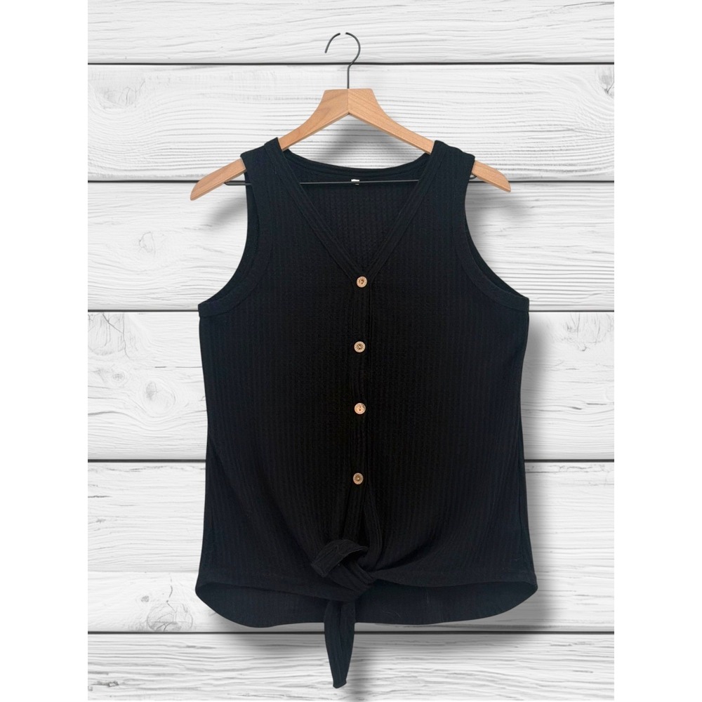 Ribbed Knit Button Front Tie Hem Sleeveless Tank Top Black L